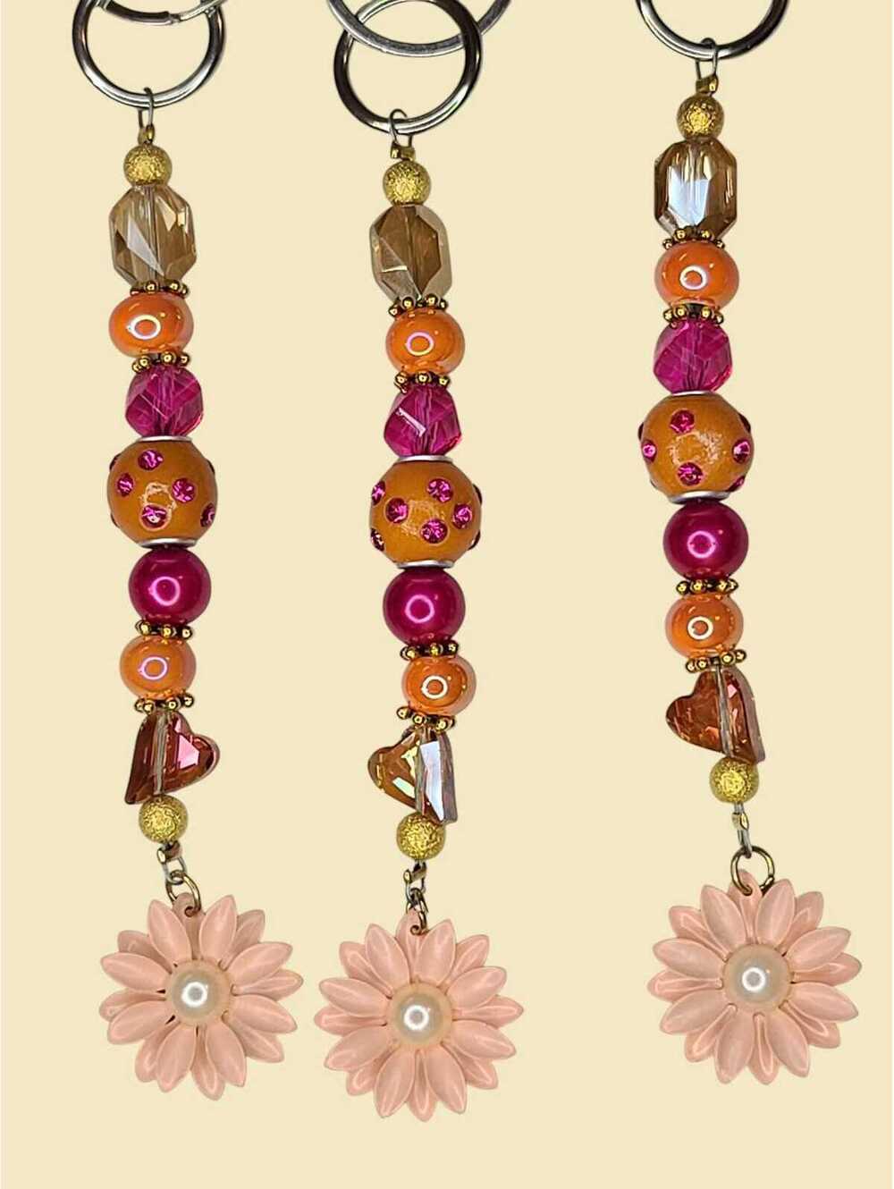 Orange and Hot Pink Flower Purse Charm Beaded Keychain